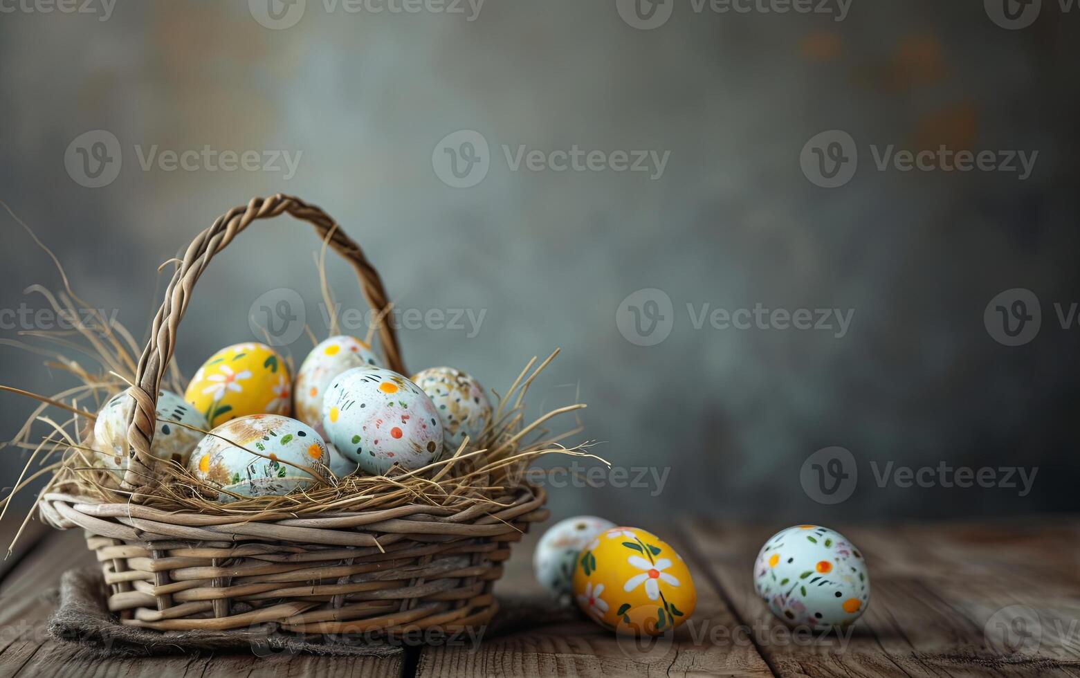 AI generated Easter painted eggs arranged in a basket on a rustic wooden table, creating a festive and decorative holiday centerpiece photo