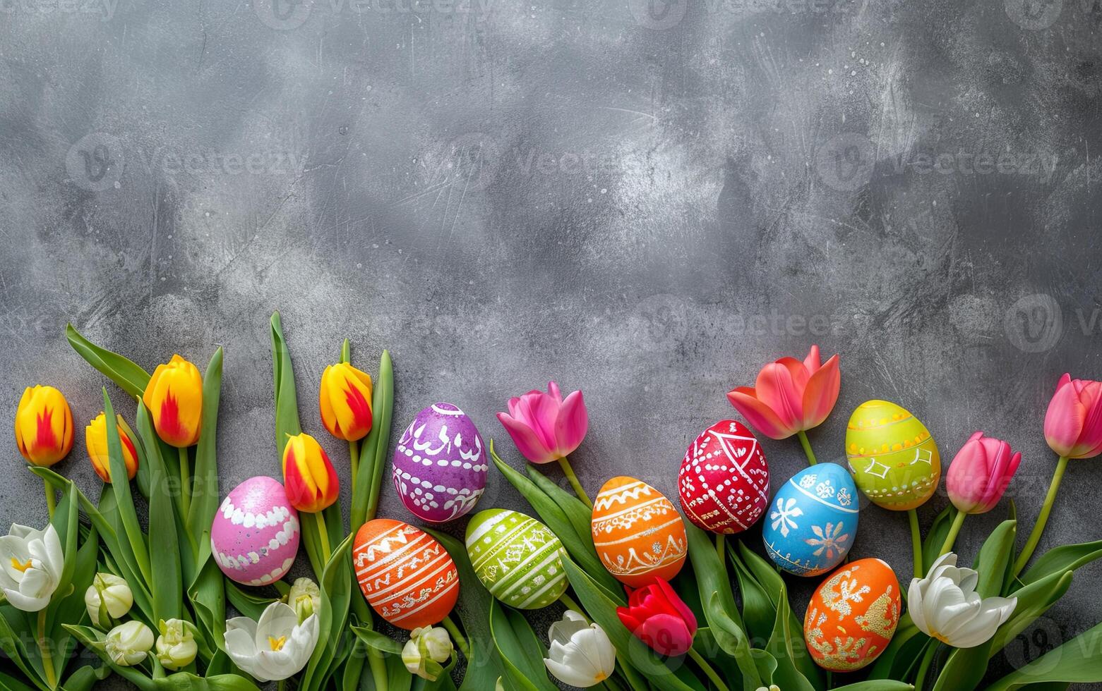 AI generated Easter composition with decorated colorful Easter eggs and tulips on grey concrete background photo