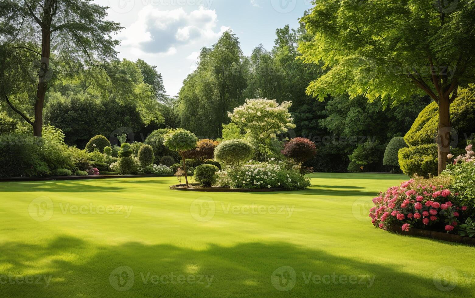 AI generated A serene view of a green lawn surrounded by beautiful, well-kept plants in a garden, creating a harmonious and tranquil outdoor space photo