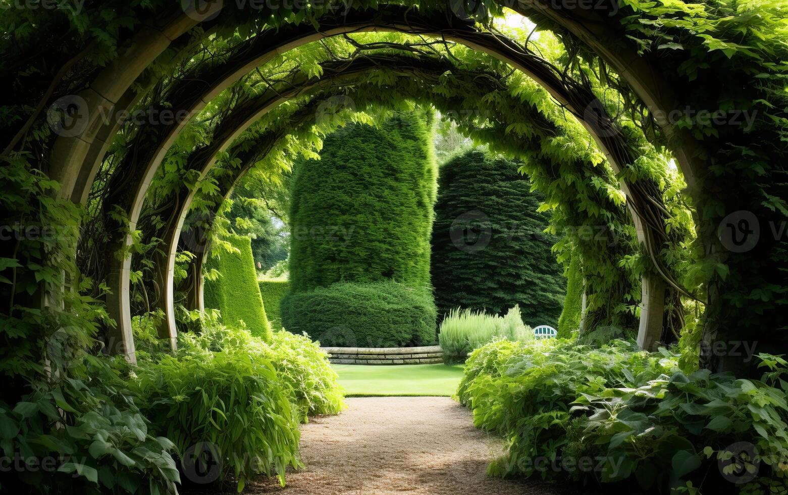 AI generated Green plant arches in english countryside garden photo