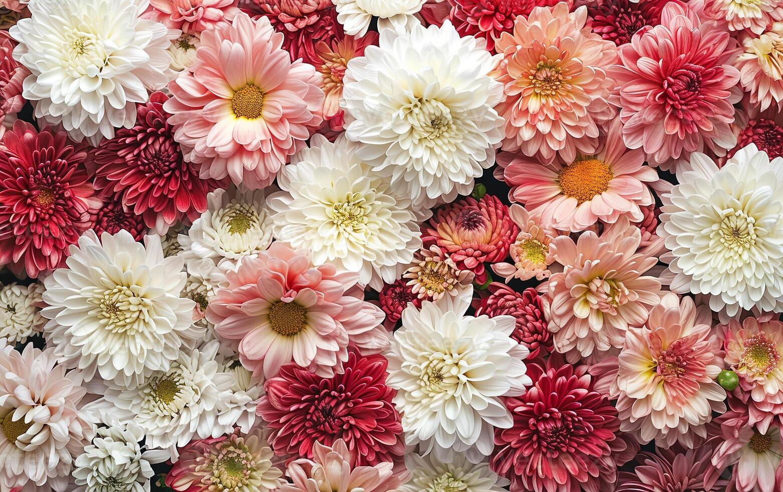 AI generated Floral background on the wall with chrysanthemum flowers, wedding decoration, beautiful floral background photo