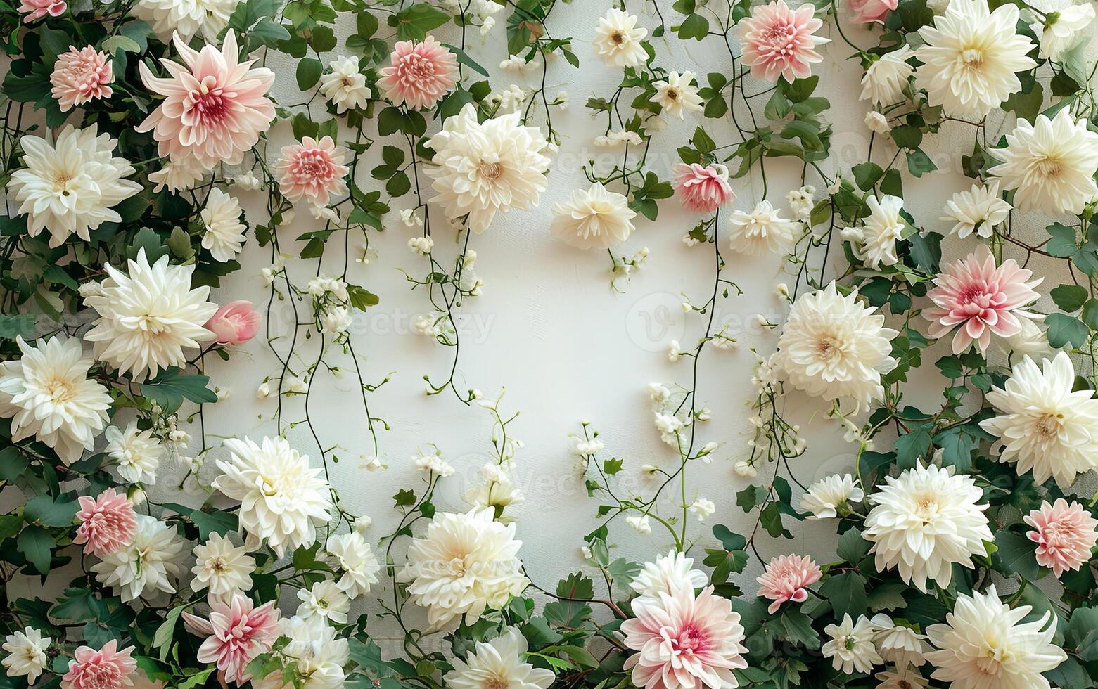 ai generado floral antecedentes en el pared con crisantemo flores, Boda decoración, hermosa floral antecedentes foto