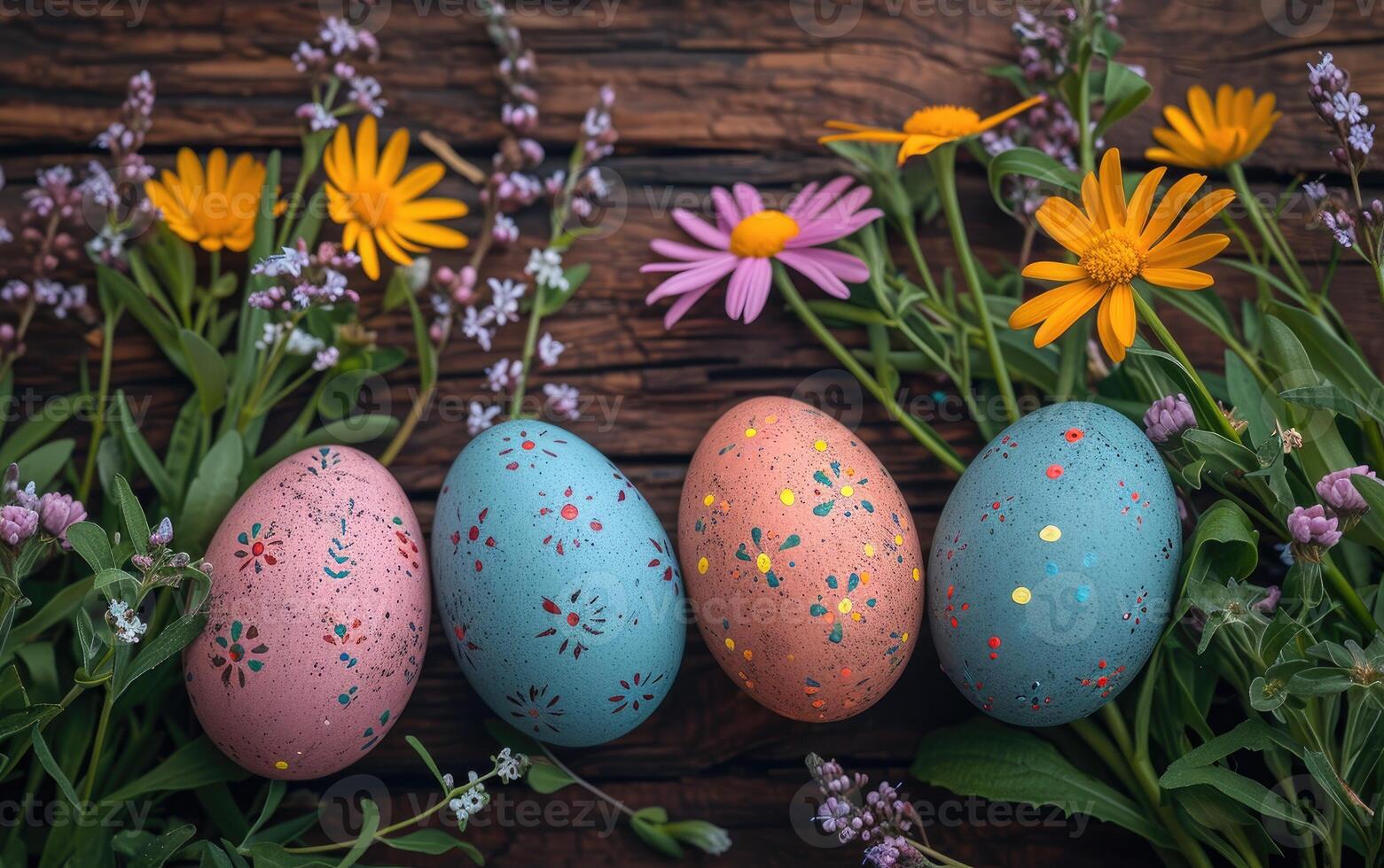 AI generated Decorated colorful Easter eggs placed on a wooden background next to the spring flowers, flat lay photo