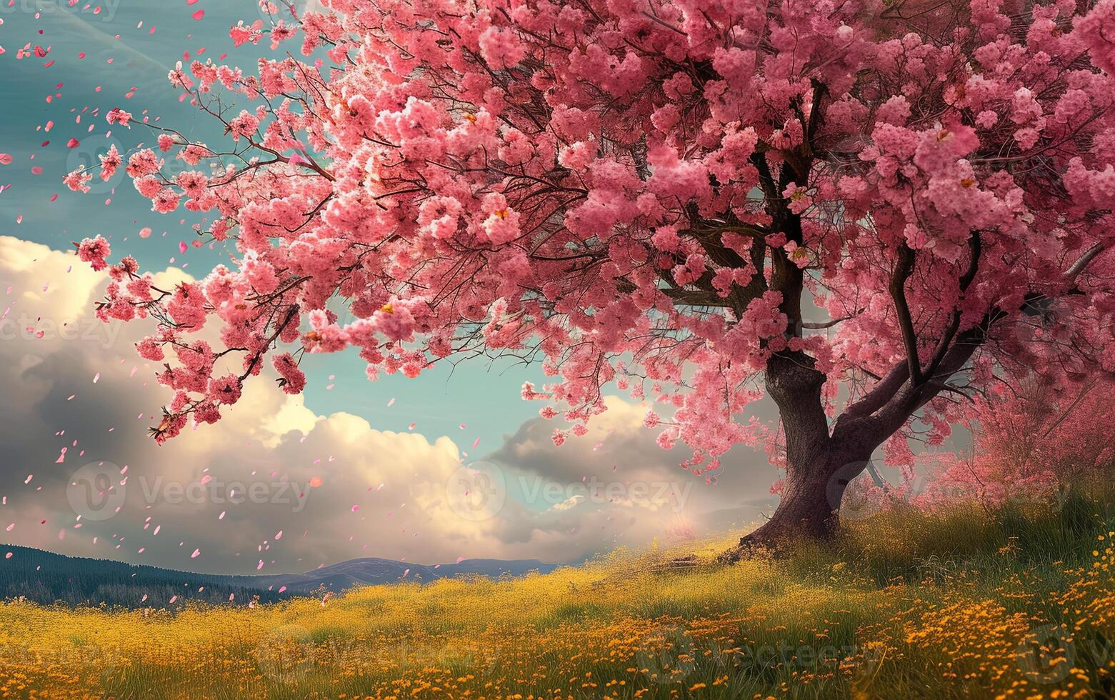 AI generated A beautiful cherry tree in full bloom, its tender flowers creating an enchanting display of nature's elegance photo