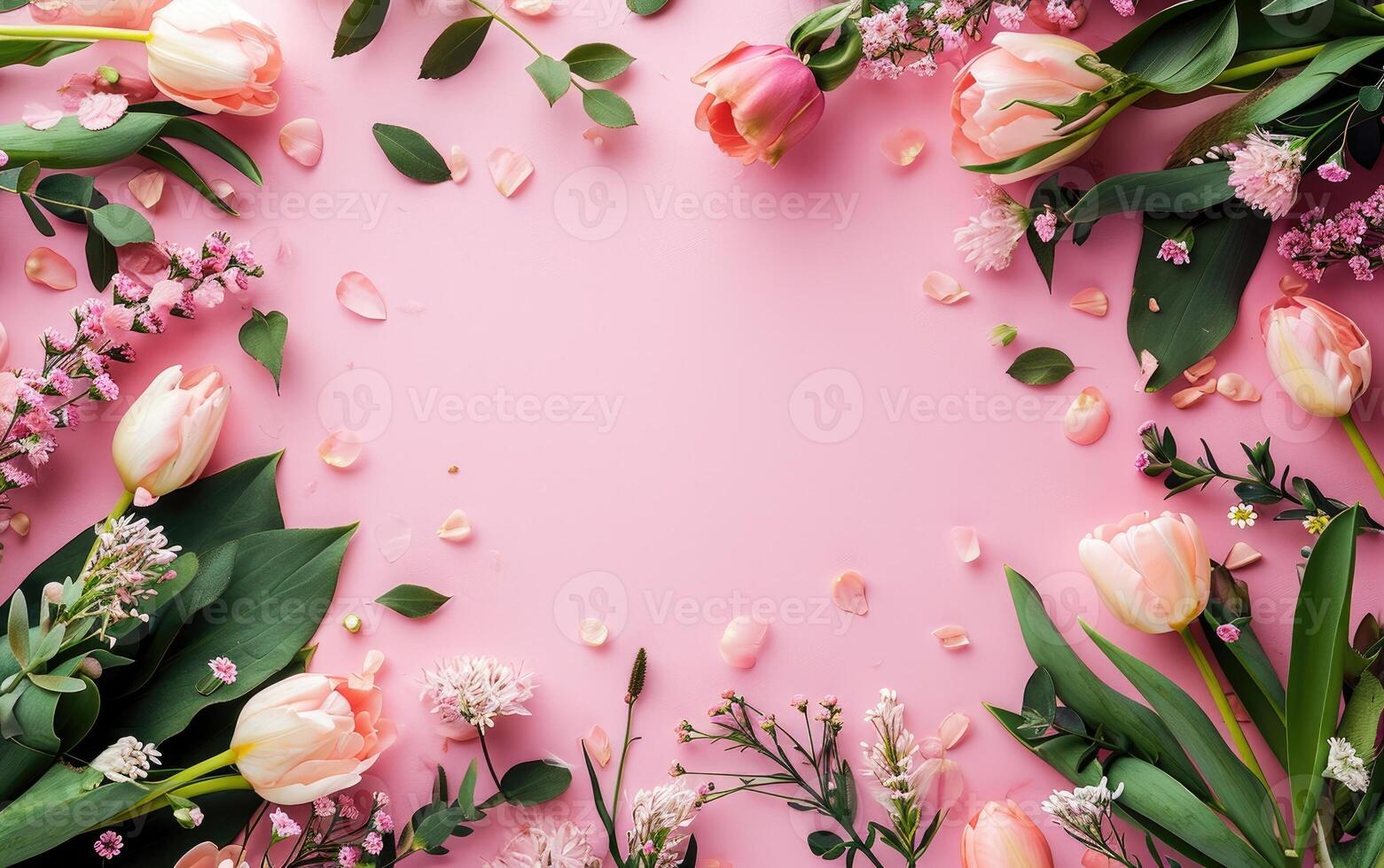 AI generated Photo of 8th of march Women's Day background with decorated flowers on a table, pastel-colored, light-hearted, flat lay, overhead shot with copy space