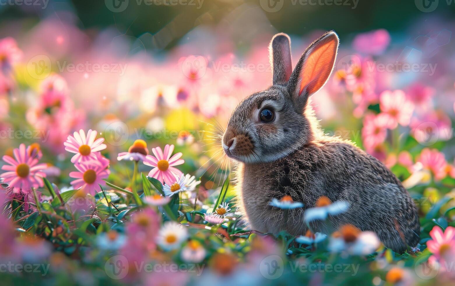 AI generated Wild Rabbit Sitting Amongst Vibrant Flowers in a Spring Meadow photo