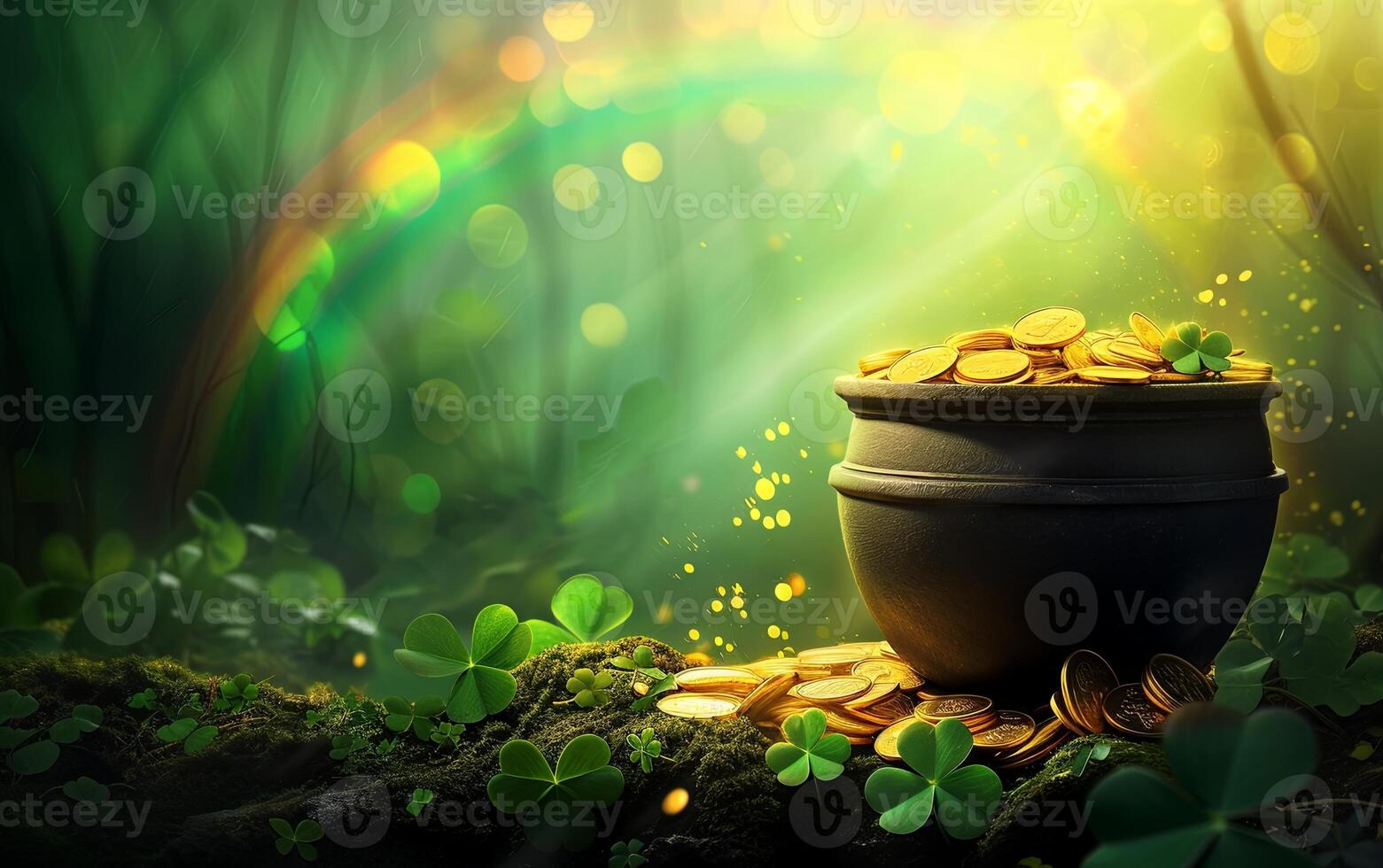AI generated Banner with Pot of gold coins, clover leaves, and rainbow St. Patrick's day concept photo