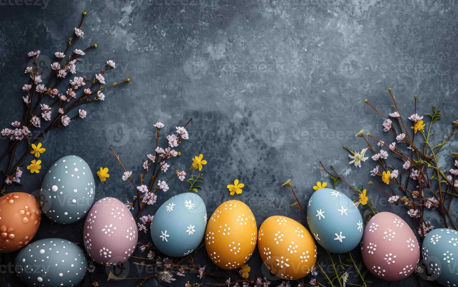 AI generated Colorful Easter Eggs and Bright Spring Flowers on a Textured Gray Background photo