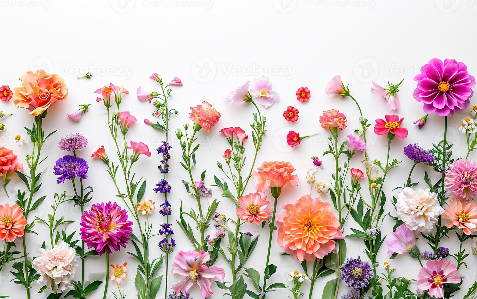 AI generated Creative layout made with beautiful flowers on a white background photo