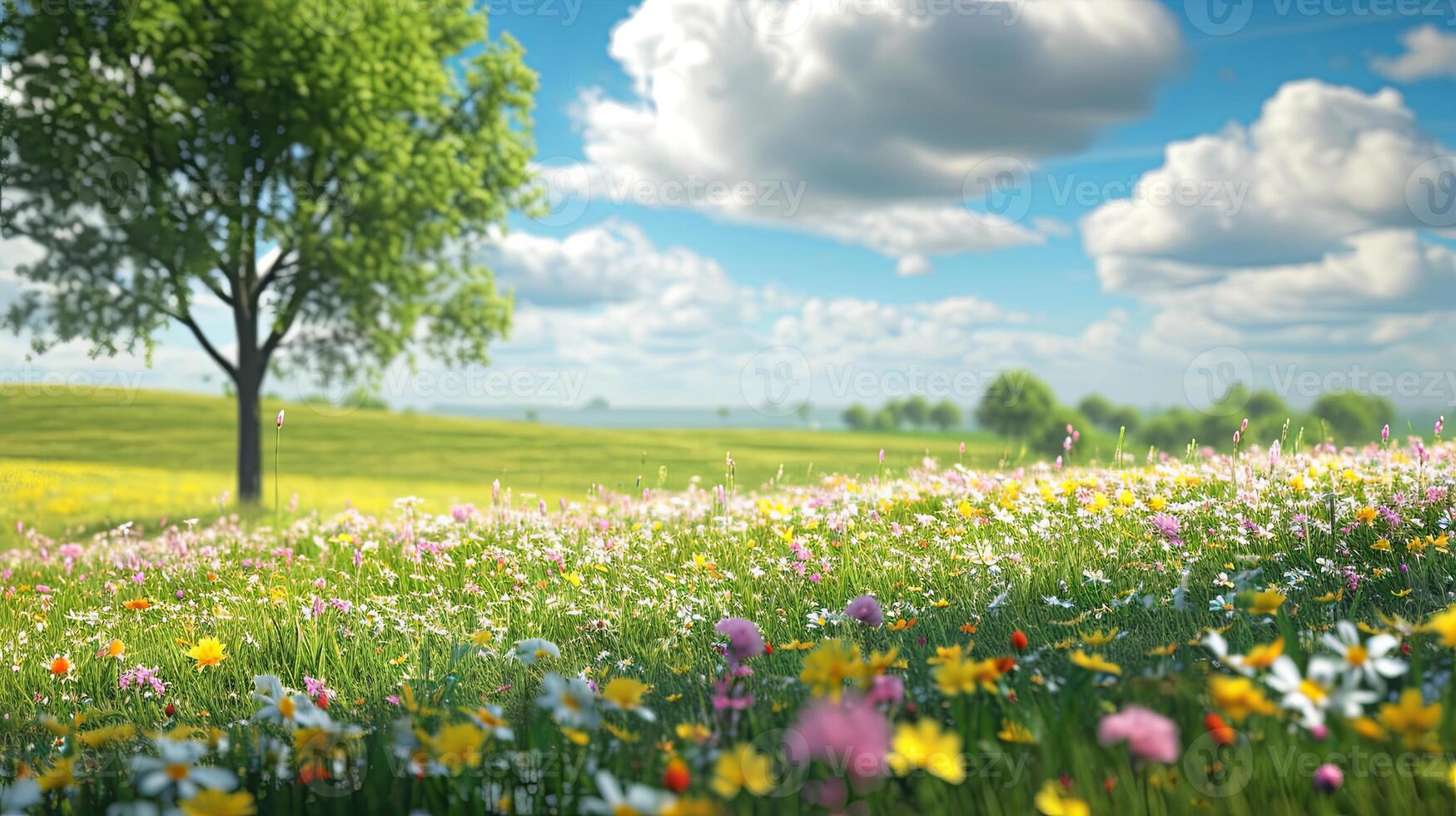 AI generated Spring landscape panorama with flowers in a meadow photo