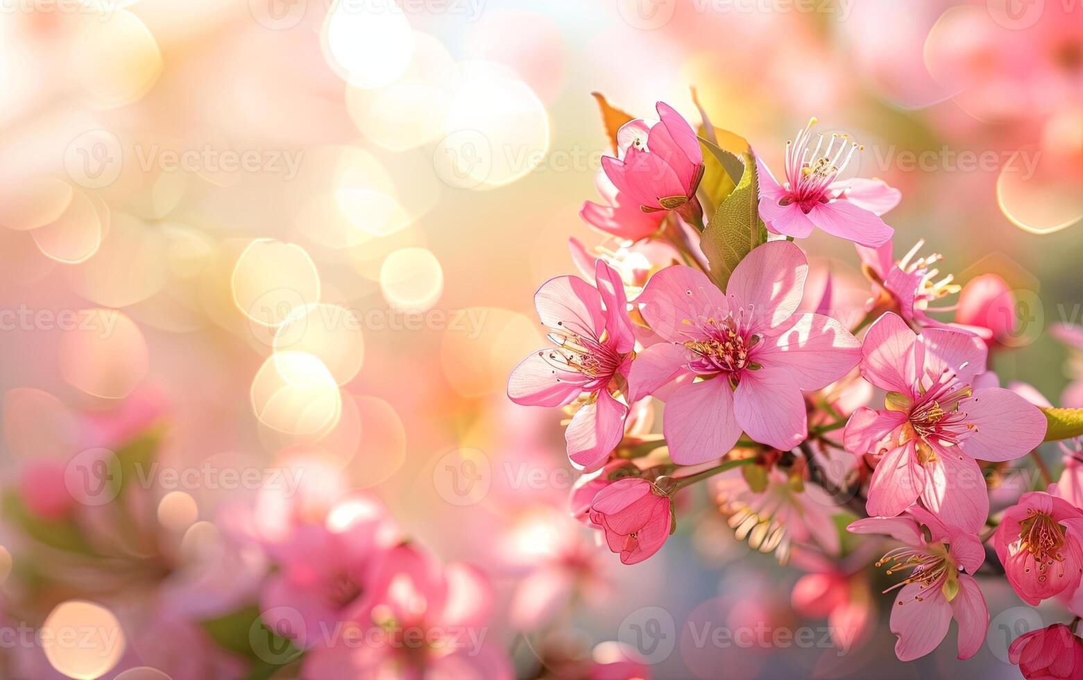 AI generated Pink cherry tree flowers bloom in spring on the natural sunny blurred background of the bokeh garden banner photo