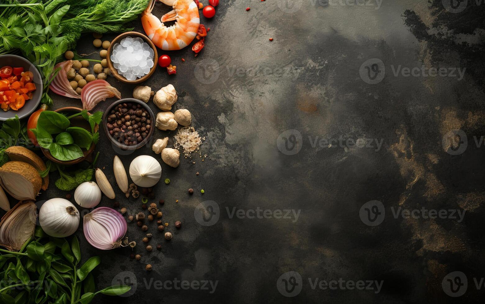 AI generated Various Asian food ingredients such as rice, garlic, onions, soy sauce, seafood, etc. arranged on a rustic stone surface, viewed from the top photo