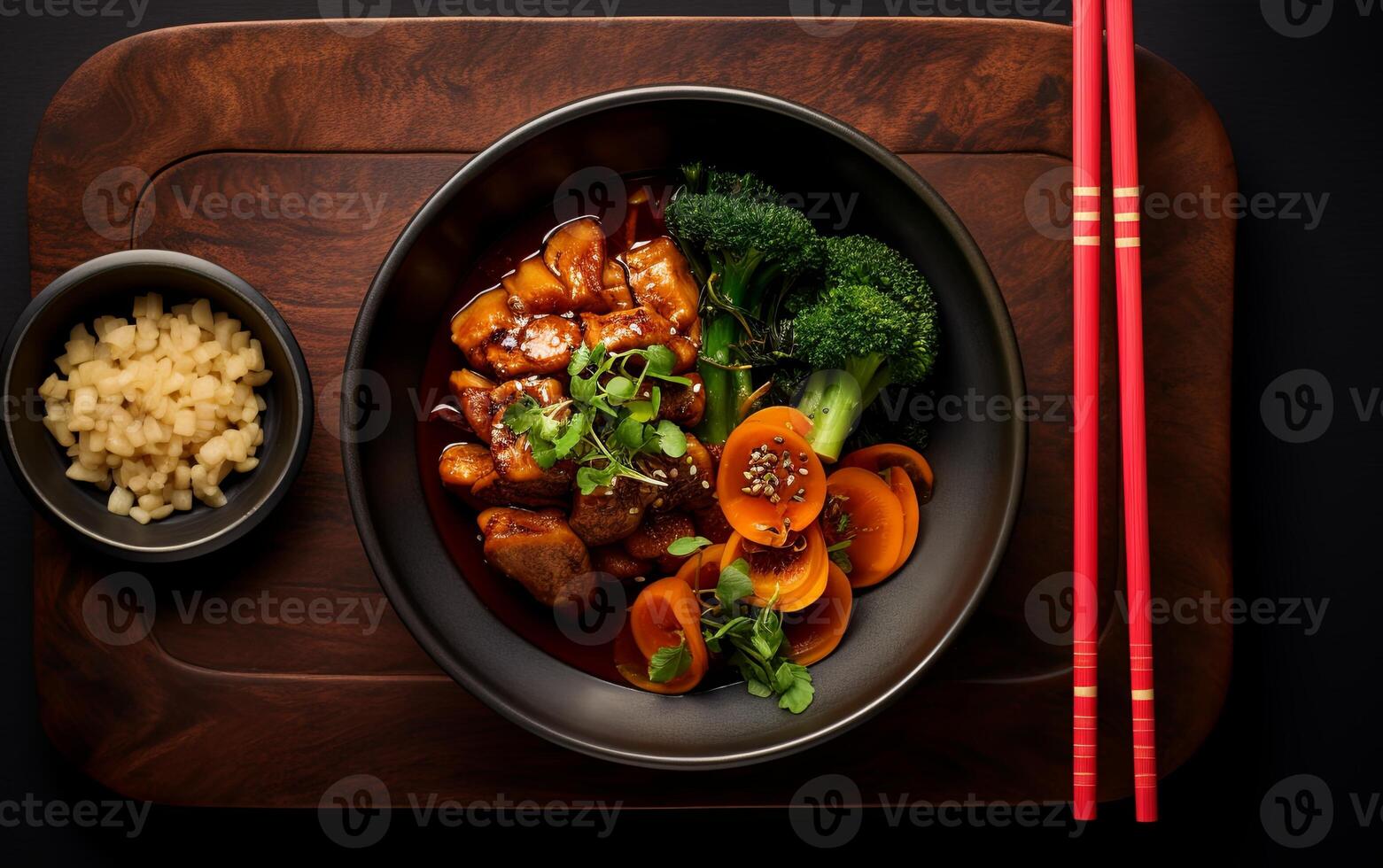 AI generated Bowl of Asian Food With Chopsticks and a Side of Broccoli photo