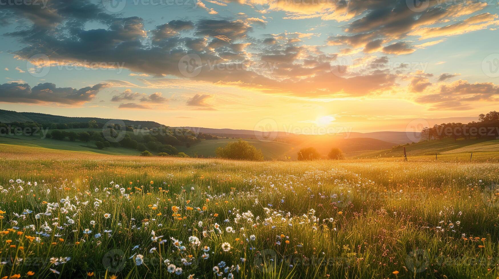 AI generated Beautiful panorama of rural landscape with sunrise and blossoming meadow photo