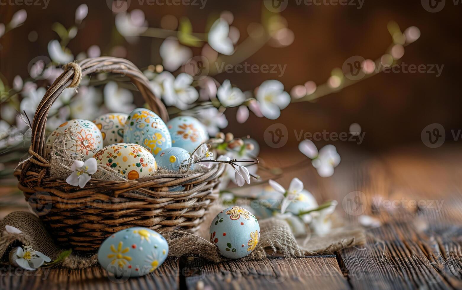AI generated Easter painted eggs arranged in a basket on a rustic wooden table, creating a festive and decorative holiday centerpiece photo