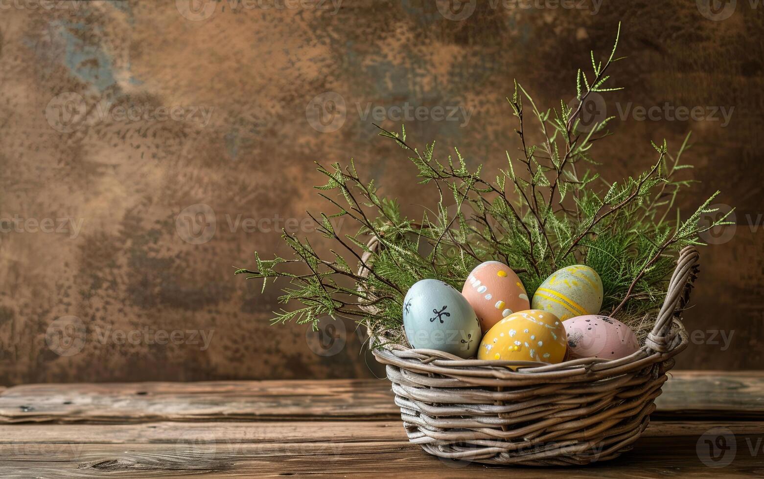 AI generated Easter painted eggs arranged in a basket on a rustic wooden table, creating a festive and decorative holiday centerpiece photo
