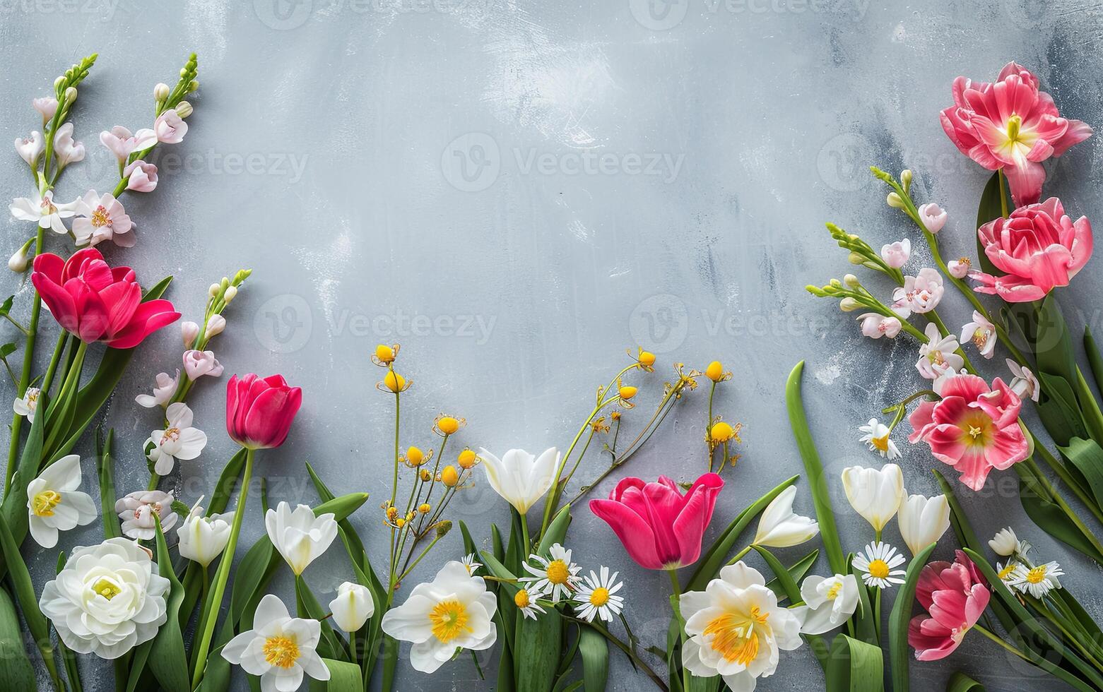 AI generated Background of spring flowers for a card for the holiday. Women's Day. Selective focus. Horizontal. Top view. Background with copy space photo