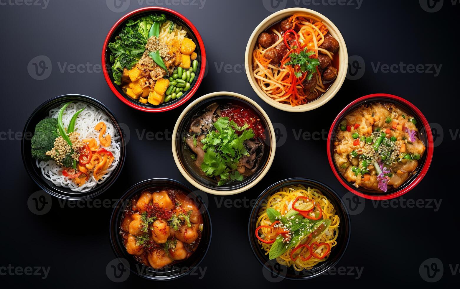 AI generated Assorted Asian Cuisine Dishes Served in Bowls on a Dark Table Background photo