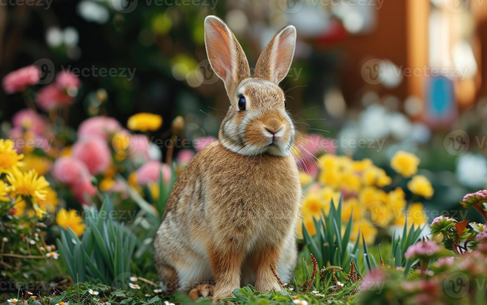 AI generated Wild Rabbit Sitting Amongst Vibrant Flowers in a Spring Meadow photo