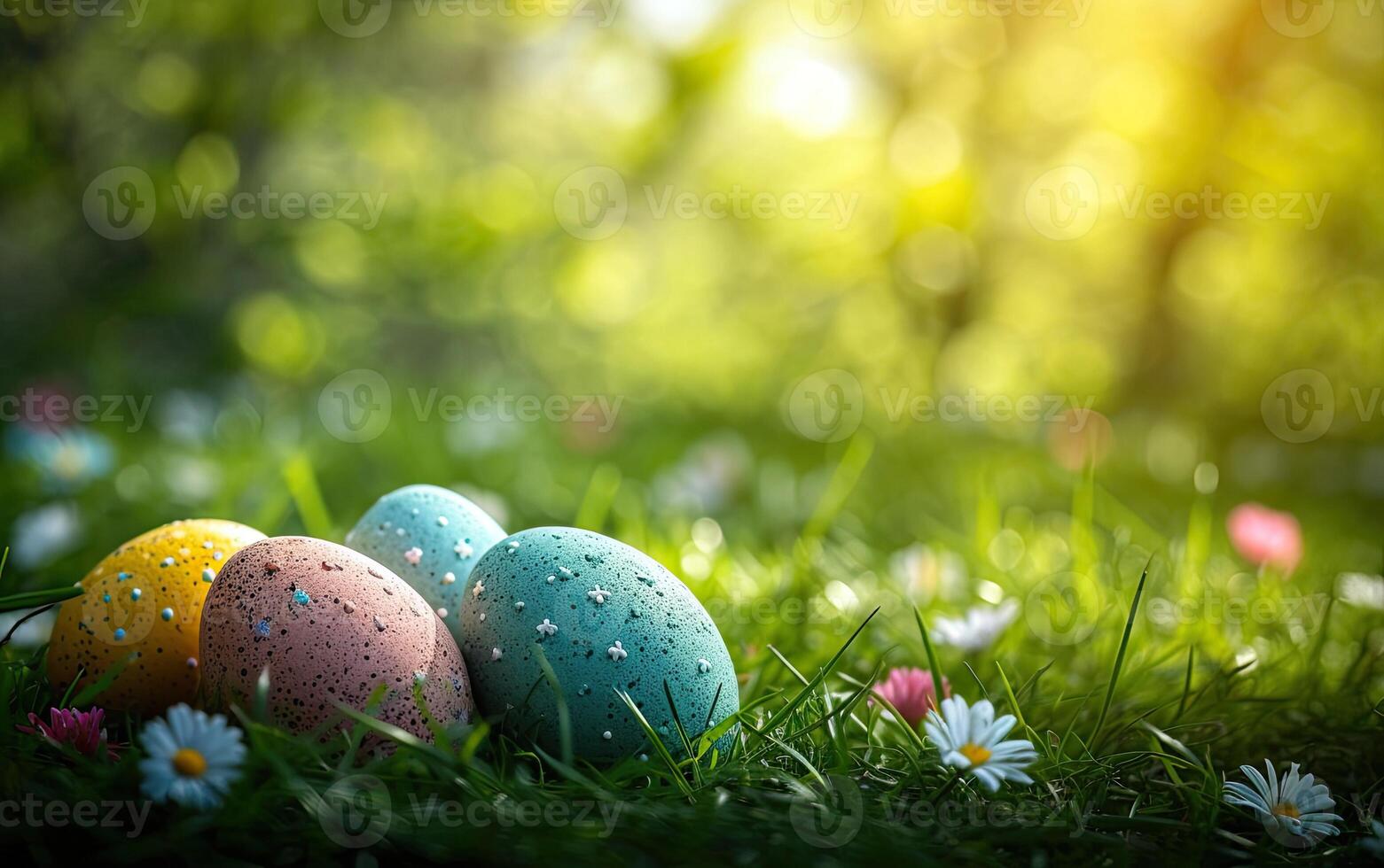 AI generated Four decorated eggs in lush green grass surrounded by vibrant yellow spring flowers, illuminated by the warm glow of morning sunlight photo