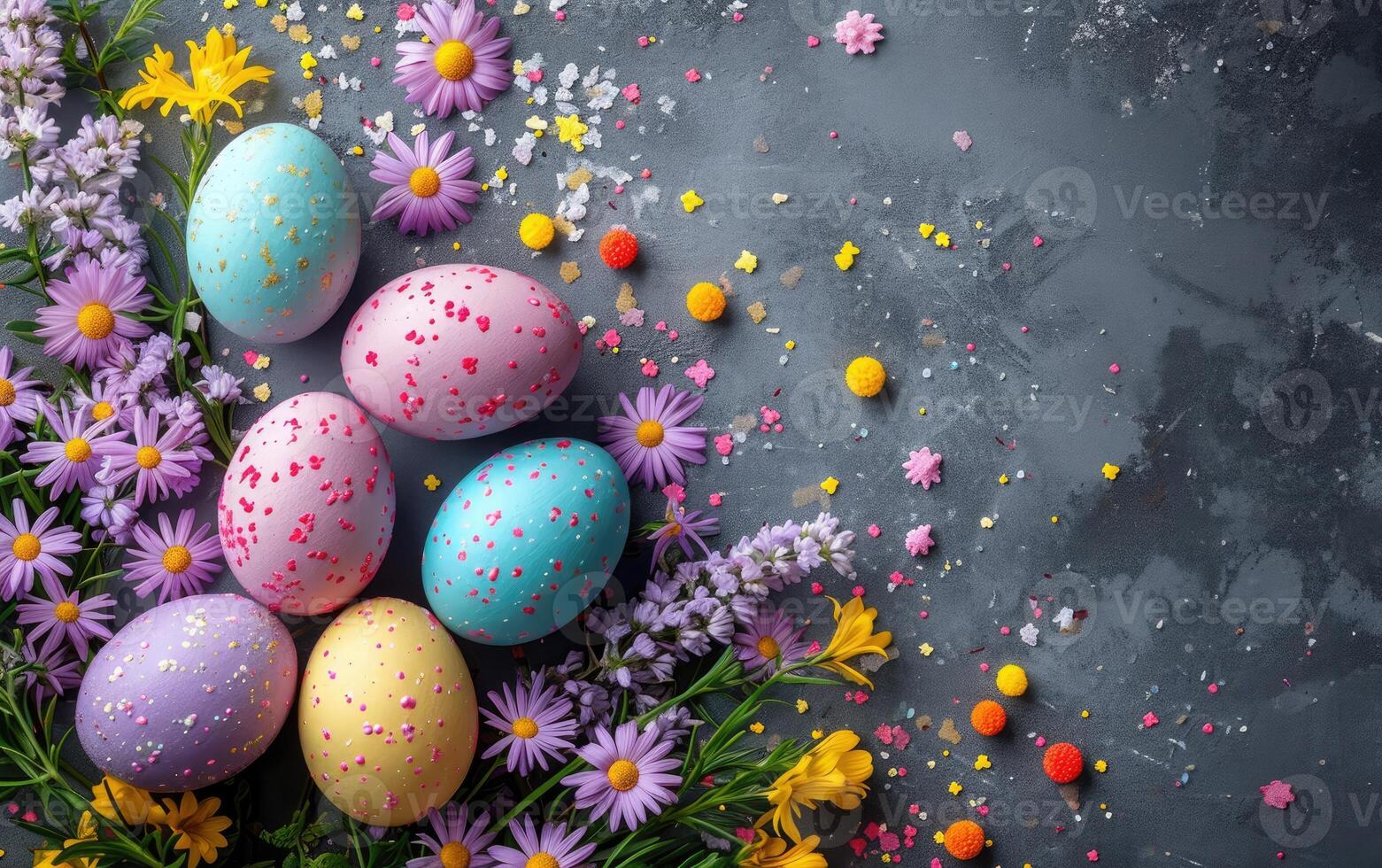 AI generated Colorful Easter Eggs and Bright Spring Flowers on a Textured Gray Background photo