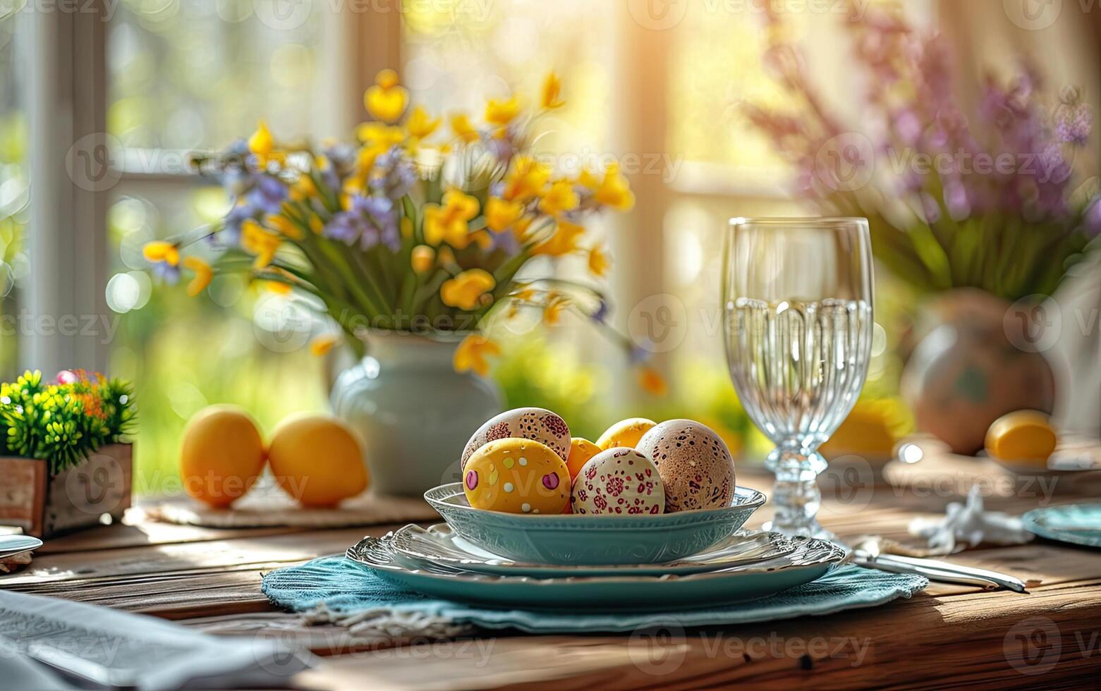 AI generated A table setting with painted Easter eggs in a blue bowl, glass and complemented by fresh spring flowers and warm sunlight photo