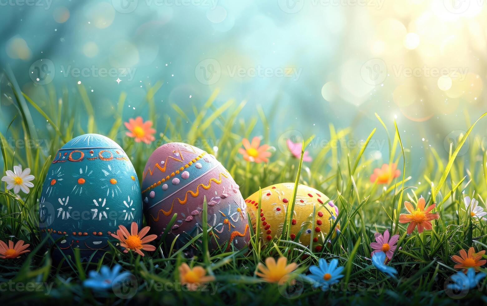 AI generated Colorful Easter eggs decorated with various patterns and designs are scattered on a green grassy field photo
