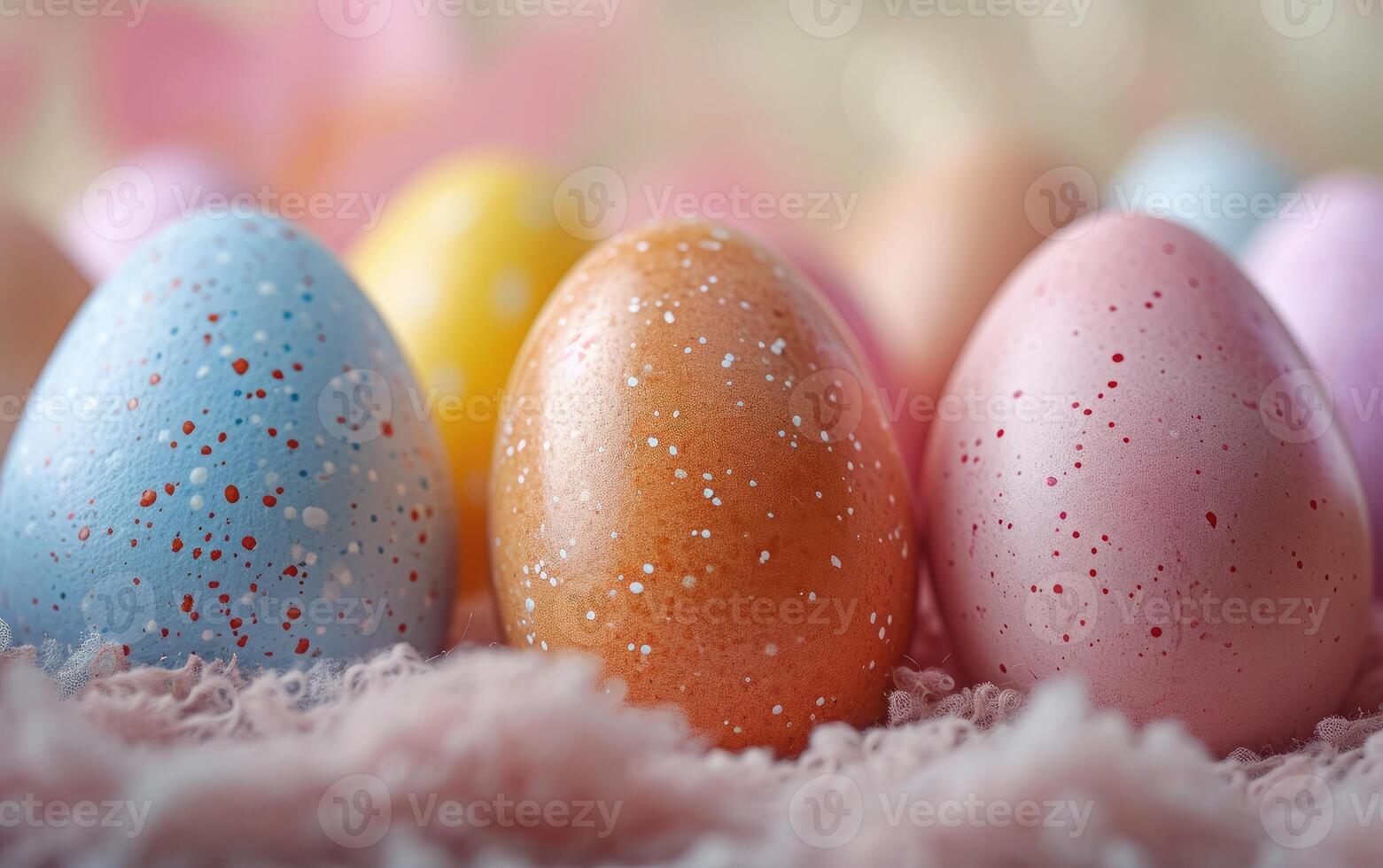 AI generated Close-up of pastel-colored Easter eggs with speckle patterns, nestled on a fluffy pink backdrop photo