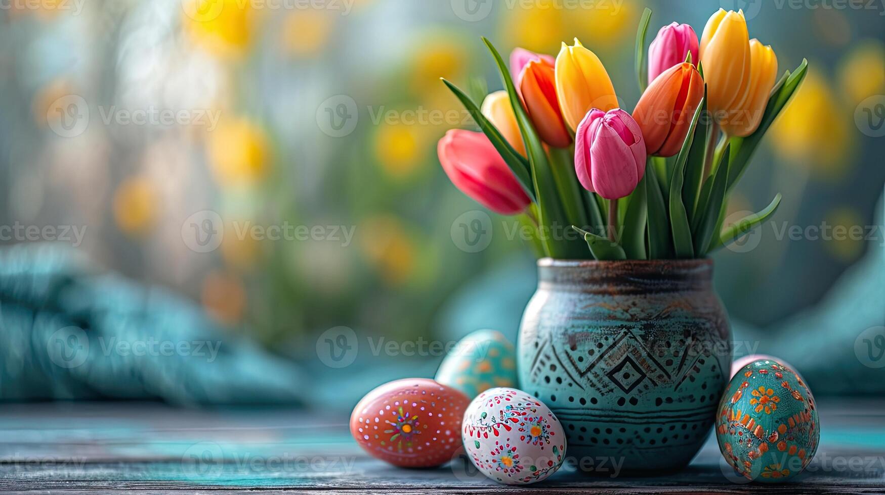 AI generated Colorful Tulips in a Ceramic Vase With Painted Easter Eggs on a Rustic Table with copy space photo