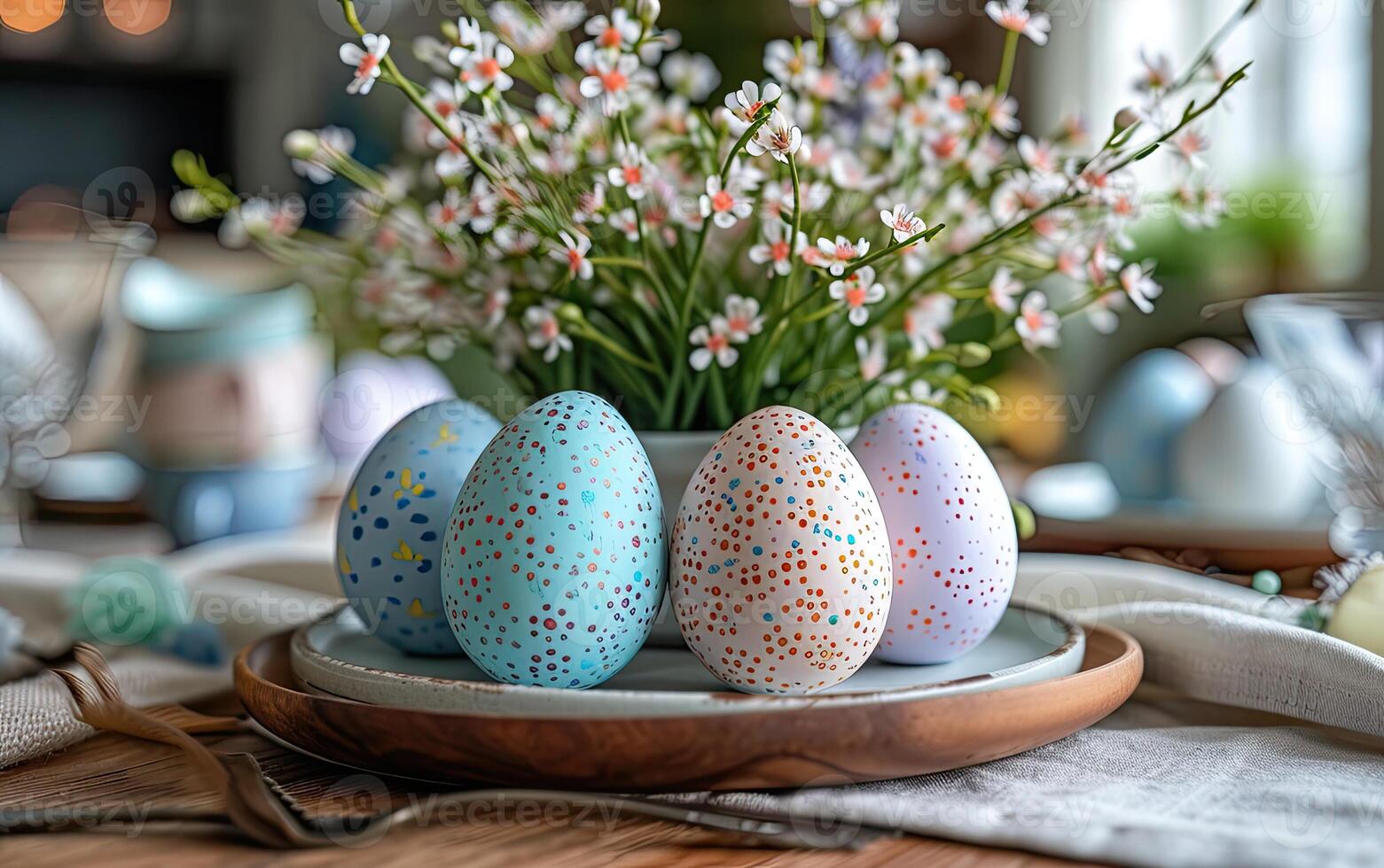 AI generated An arrangement of four hand-painted Easter eggs with polka dot patterns on a rustic wooden plate, accompanied by a fresh bouquet of white flowers, showcasing the festive spirit of spring photo