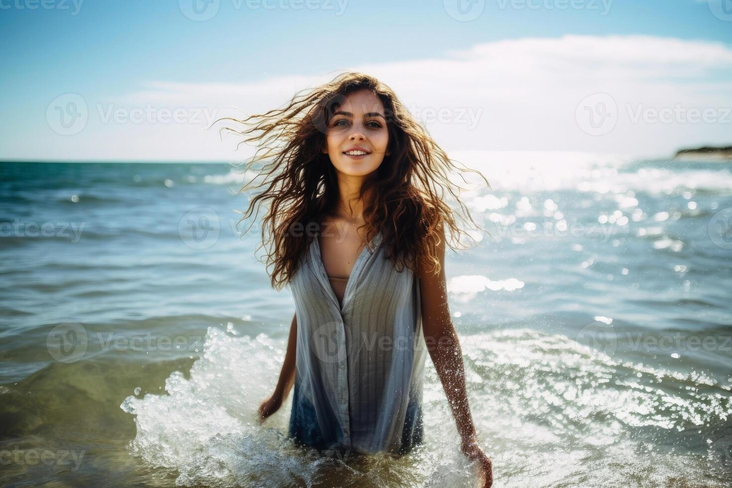 ai generado un maravilloso mujer viniendo fuera de el agua a un playa. foto