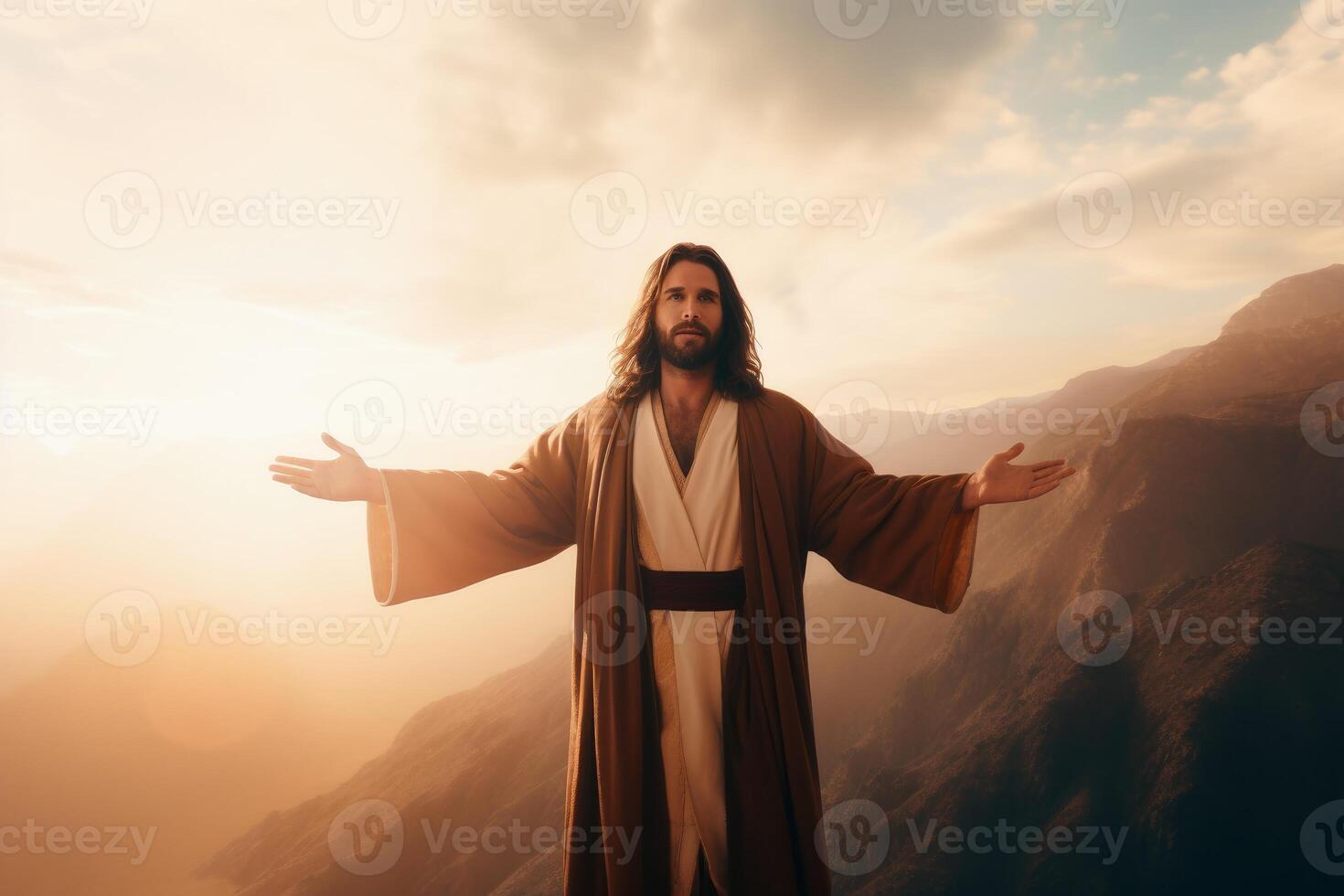 AI generated Jesus christ opening the sky with a blessing from god. AI generated photo