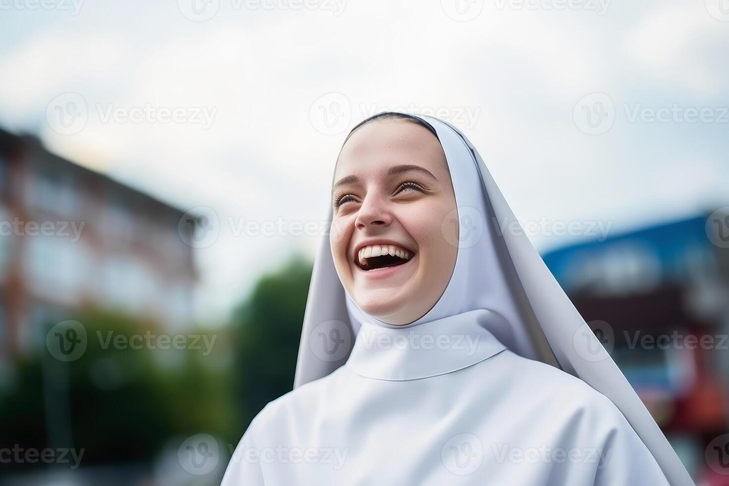 AI generated A cheerful nun in close up portrait.AI generated photo
