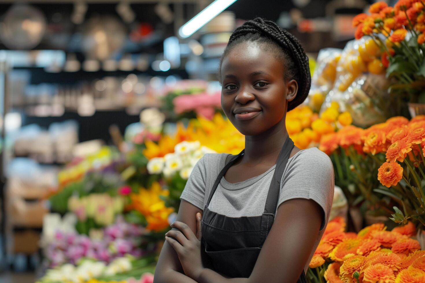 ai generado sonriente florista en flor tienda con ramos de flores foto