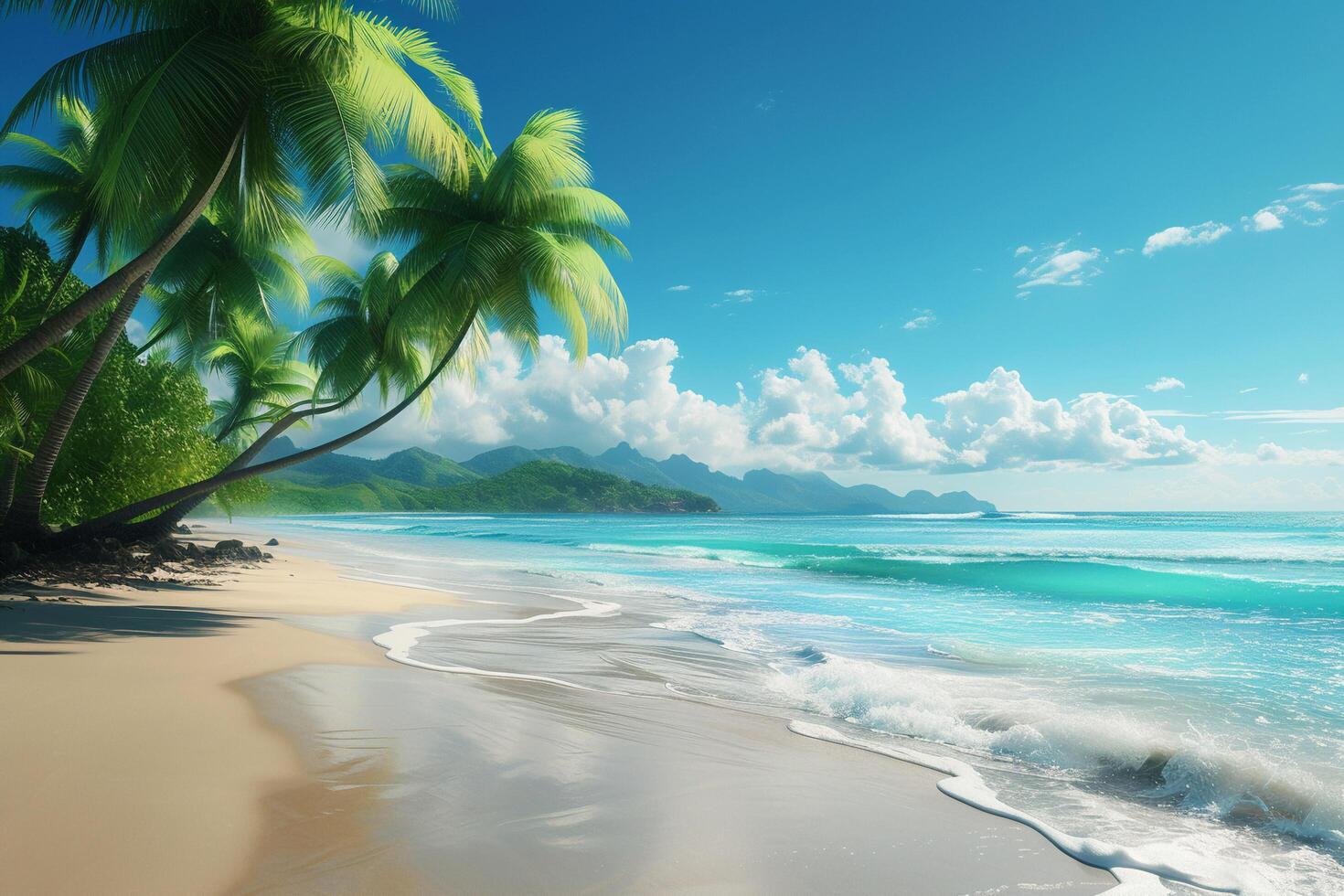 AI generated Tropical beach with palm trees and turquoise sea. photo