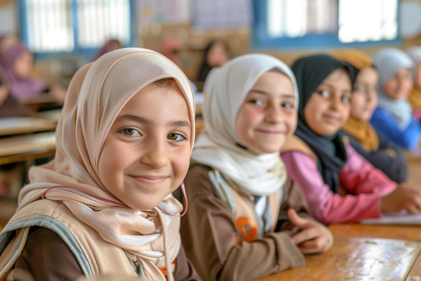ai generado retrato de un joven niña con hijab en salón de clases con ai generado. foto