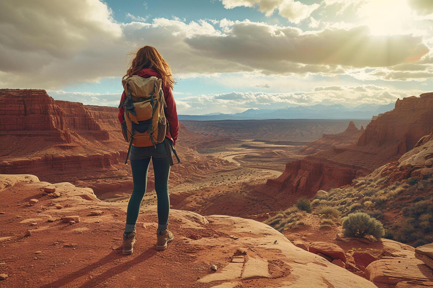 AI generated Back view of young woman hiker with backpack standing in Valley of Fire State Park. photo