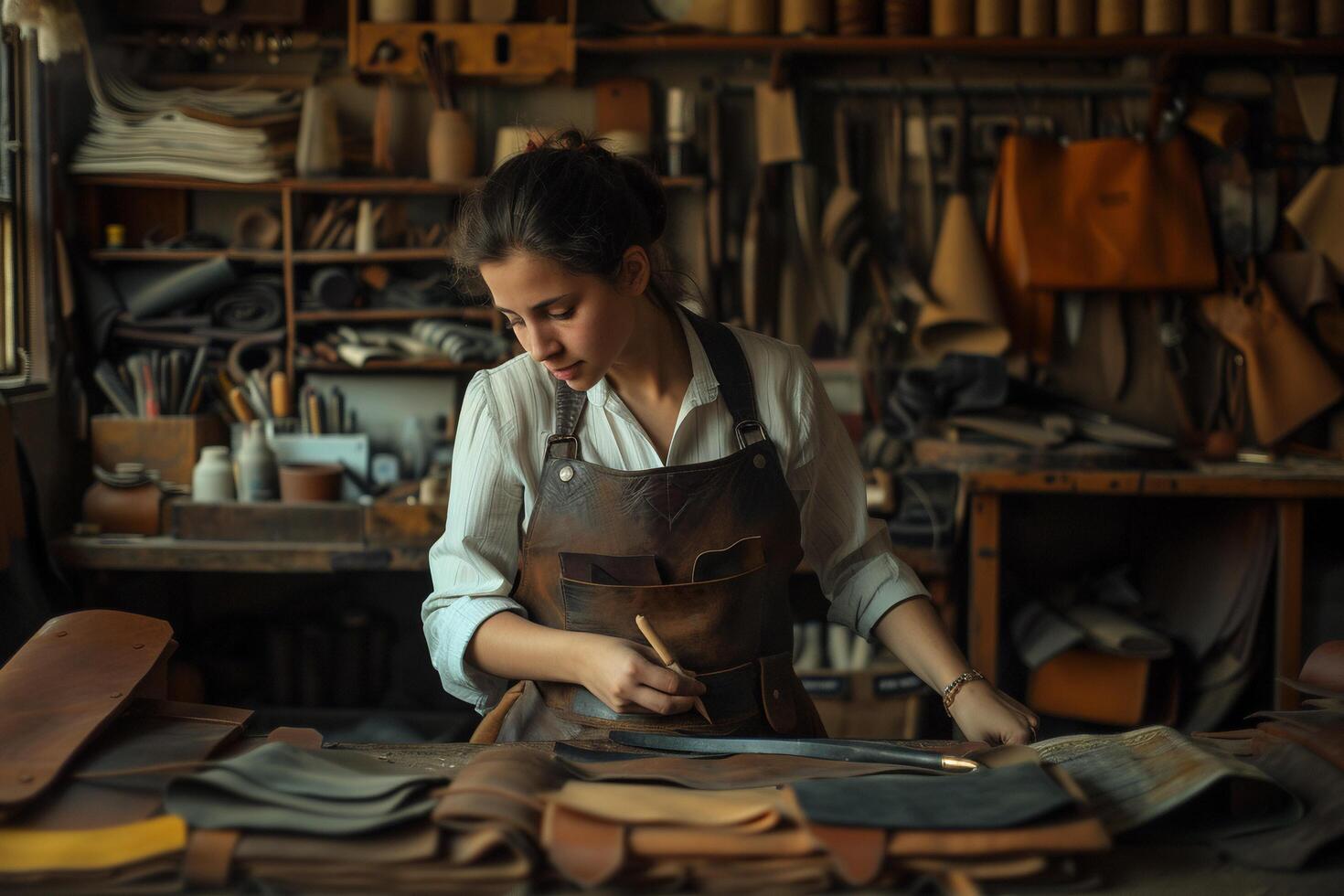 AI generated Artisan Crafting Leather in Workshop with AI generated. photo
