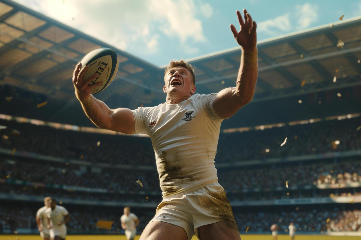 ai generado rugby jugador atrapando pelota durante partido en estadio con ai generado. foto