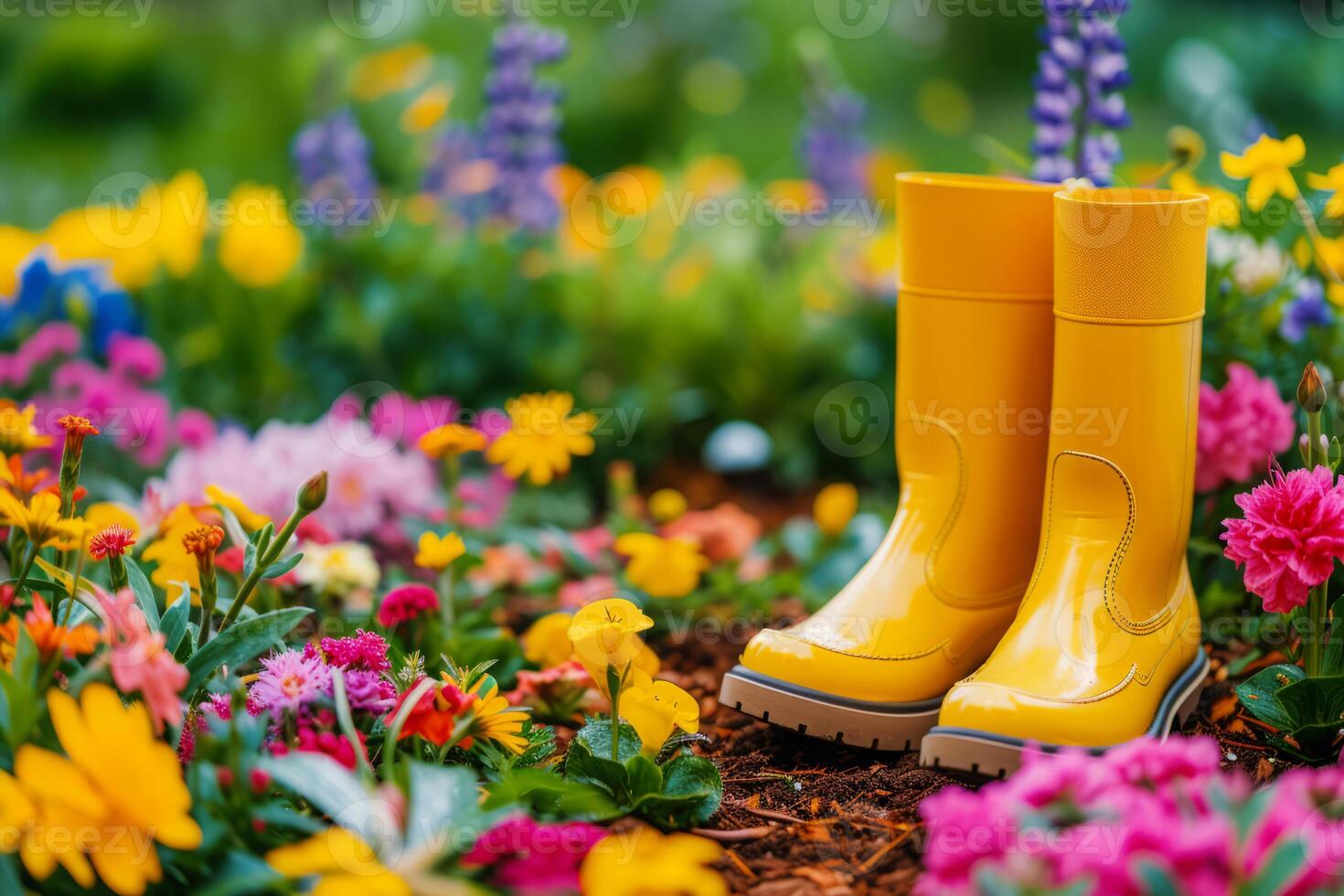 AI generated Yellow rubber boots in garden with flowers photo