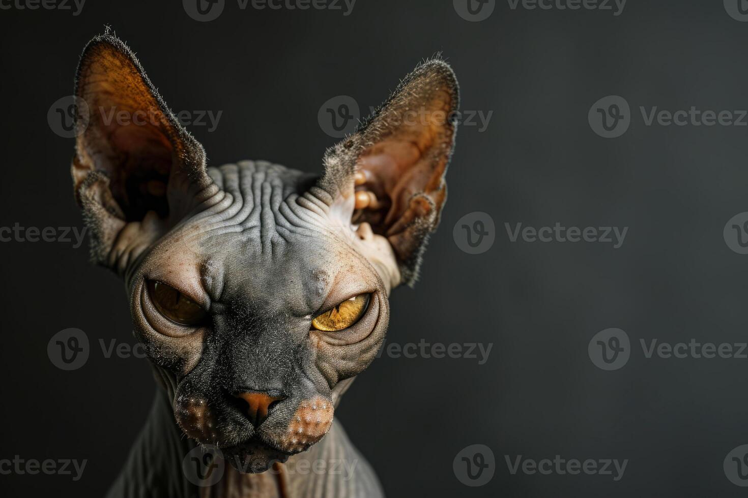 AI generated Bald Sphynx cat with wrinkled skin, close up portrait photo