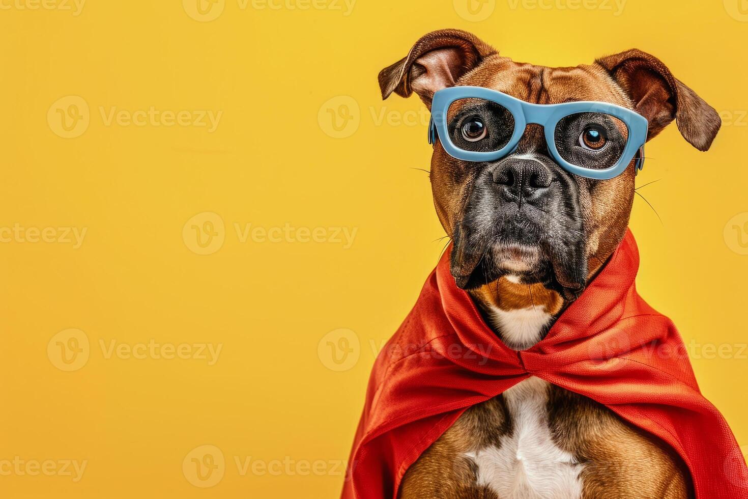 AI generated Dog in a superhero costume on a yellow background photo