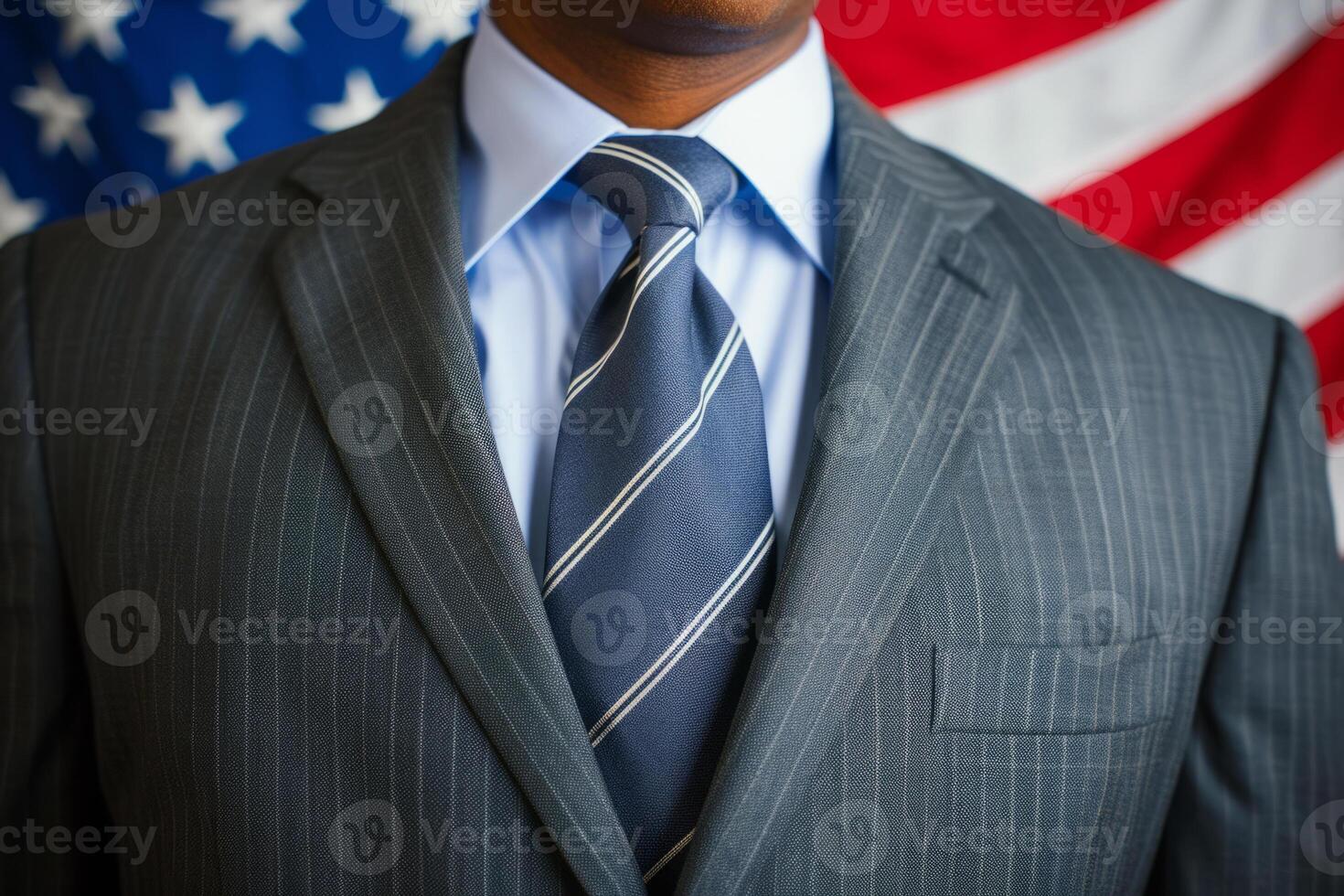 AI generated Cropped image of politics man in suit against USA flag photo