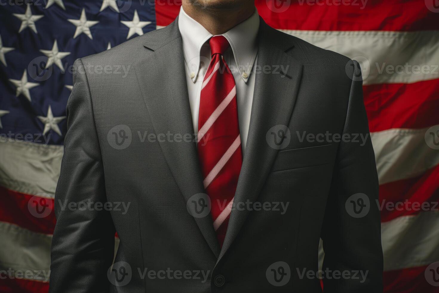 AI generated Cropped image of politics man in suit against USA flag photo