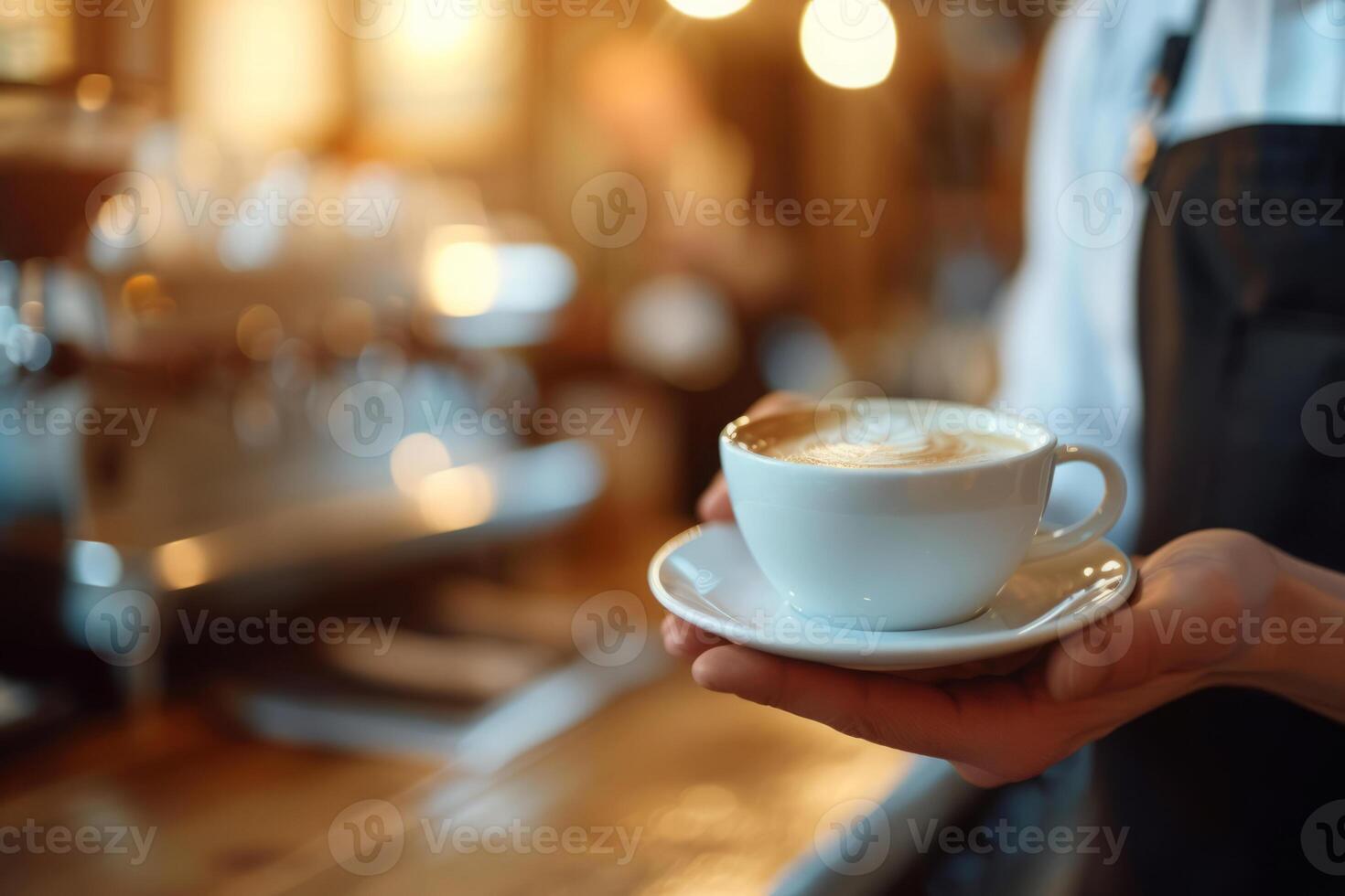 AI generated Waiter holding cup of coffee in cafe with morning light photo