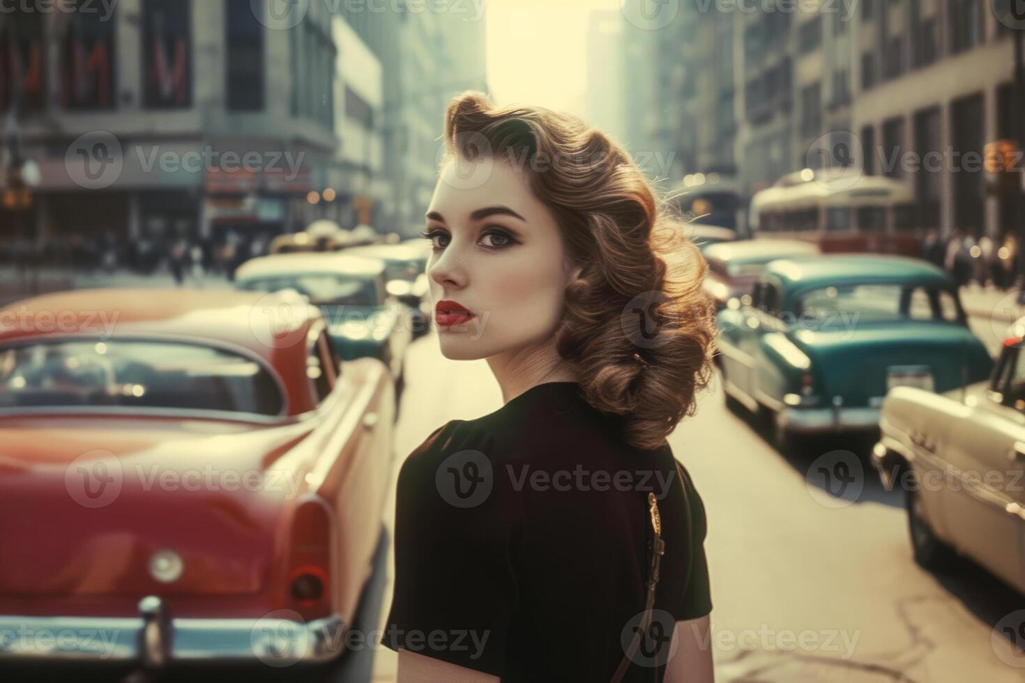 AI generated Vintage photo of woman at city street with cars