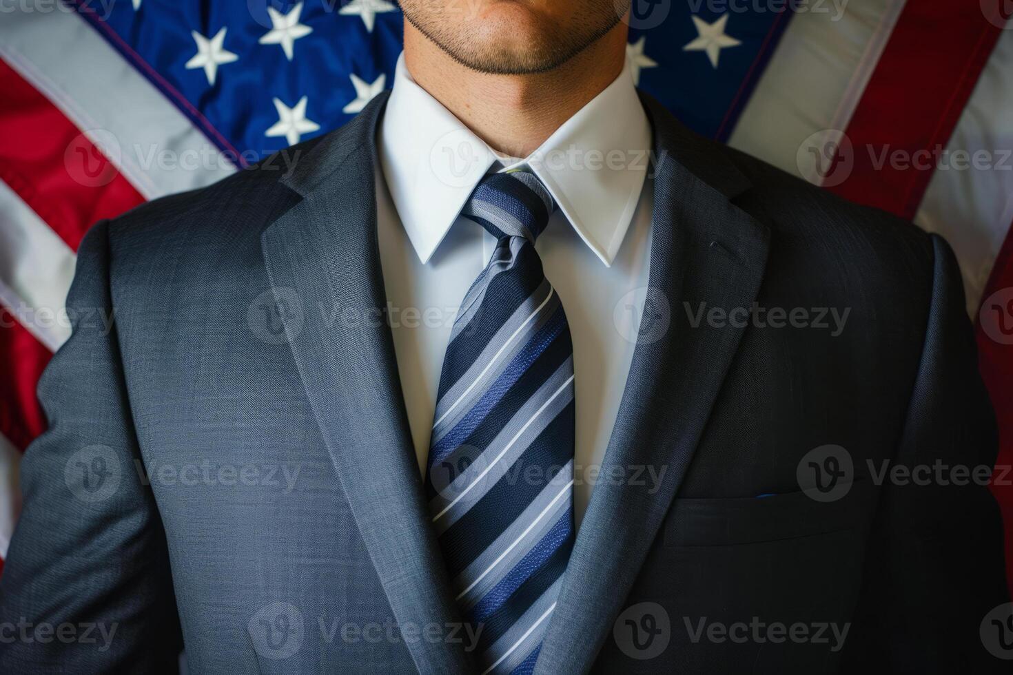 AI generated Cropped image of politics man in suit against USA flag photo
