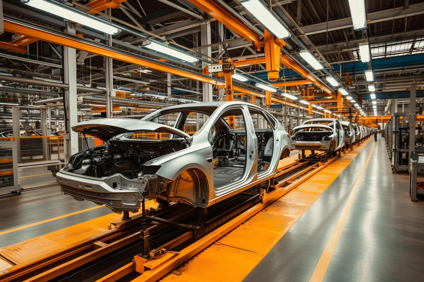 ai generado coche montaje línea. coche fábrica. eléctrico vehículo producción línea. automotor industria. foto