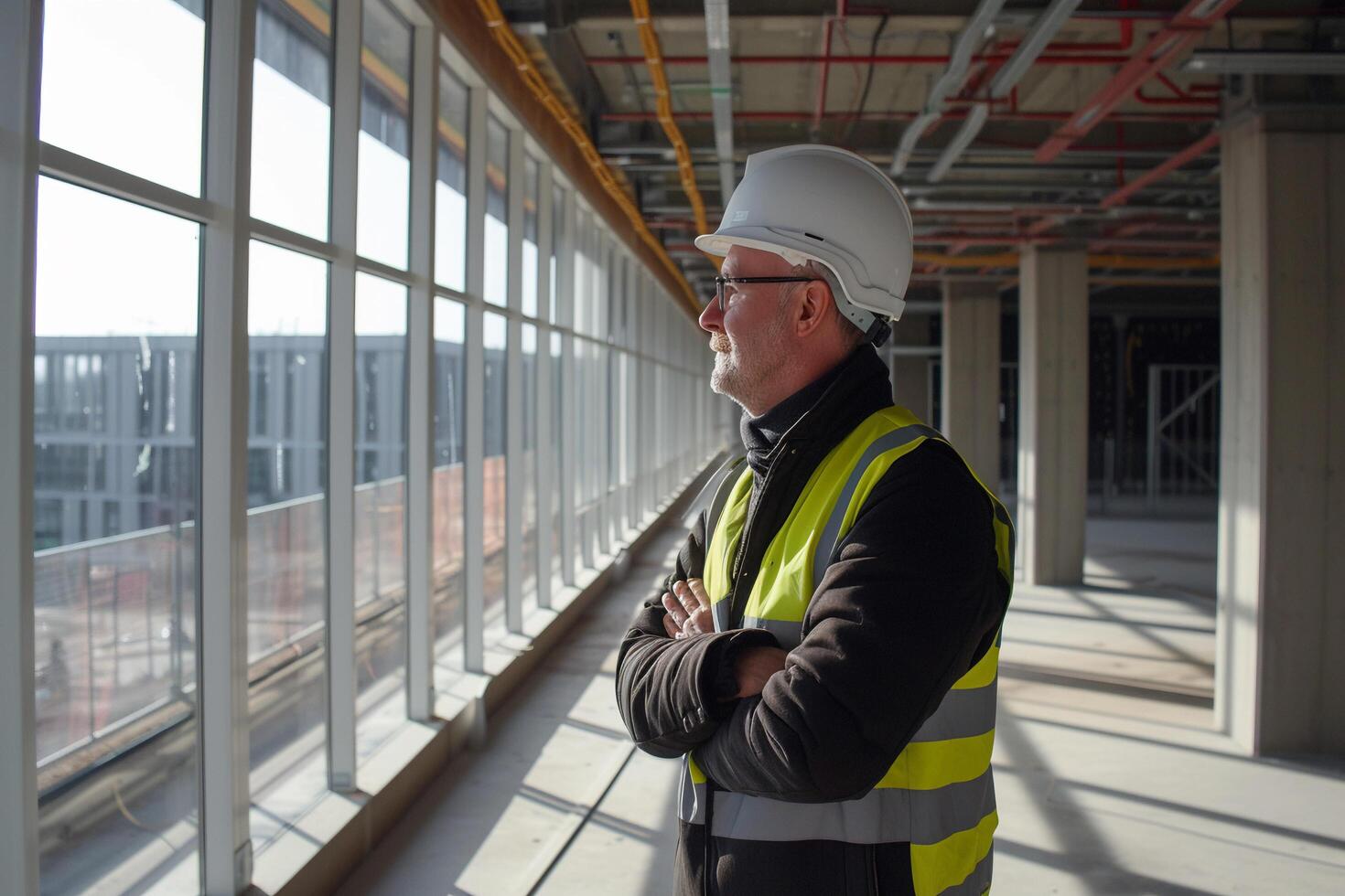 ai generado ingeniero inspeccionando construcción sitio progreso. foto