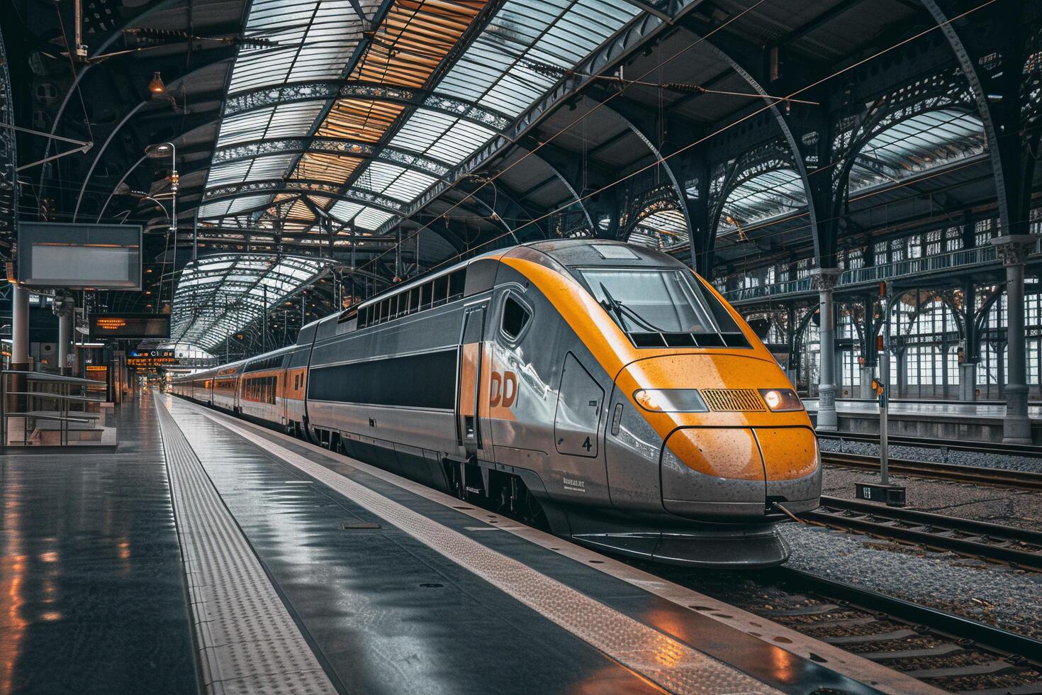 ai generado moderno alta velocidad tren esperando a estación plataforma con ai generado. foto